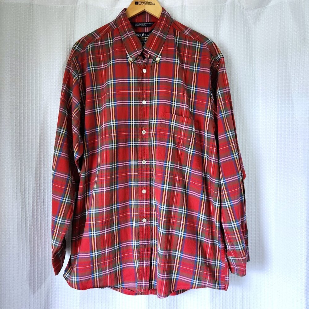 Nautica Shirt Mens Large Pinpoint Oxford Long Sleeve Button Down Plaid Cotton